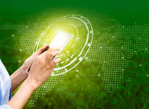 OSAAJAVERKKO-hankkeen kuva. Vihreä tausta, lähikuvassa käsi pitelee älypuhelinta.